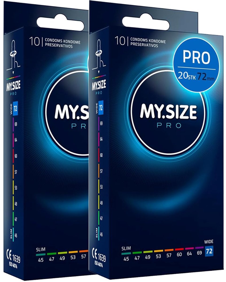 MY.SIZE PRO 20 stuks 72mm ELITE – MEGA XL condooms, hooggezuiverd Vytex-latex voor minder geur, zeer gemakkelijk te openen en af te rollen