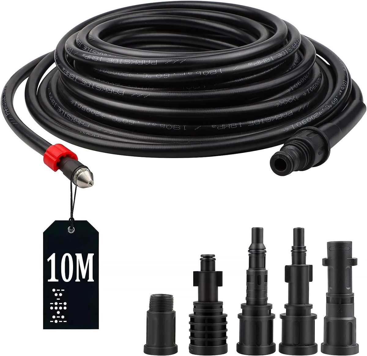 10 m slang voor het reinigen van buizen, 180 bar, 60 °C, inclusief 5 adapters voor hogedrukreinigers zoals Kärcher en Bosch, ideaal voor effectieve reiniging