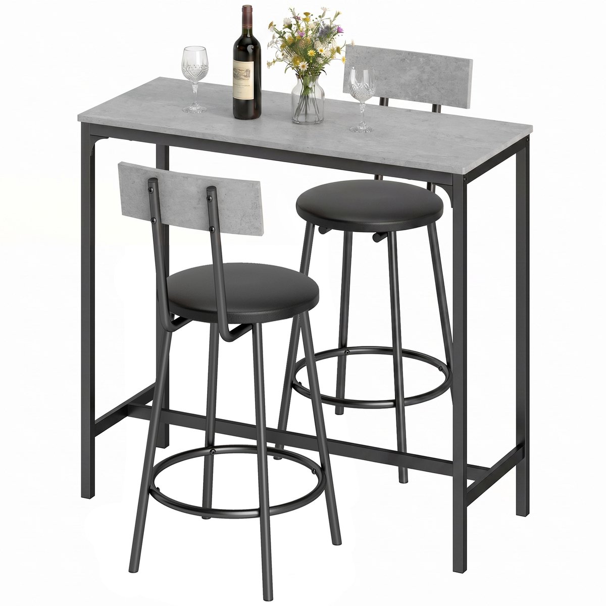 ECTEATOY® Bartafel met 2 Barkrukken Set - Hoge Eettafel met 2 Gevoerde -Krukken met Rugleuning en Voetsteun - Grijs