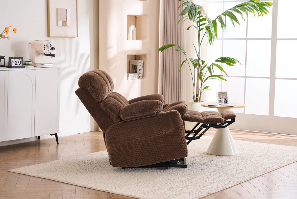 MODENUIT Relaxfauteuil 91 cm - 2 Motoren Met Sta-opfunctie En Massage - Voor Woonkamer - Flanel - Bruin – foto 7