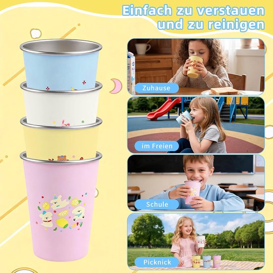 Herbruikbare Kinderbekers - 4 Stuks - RVS - 350ml - Bekers - Mondspoelbeker - Tandborstel Beker - Drinkbeker - School drinkfles - kinder drinkfles - Schoolbeker - Thuis-terug naar school - BPA-vrij & Vaatwasserbestendig — afbeelding 2
