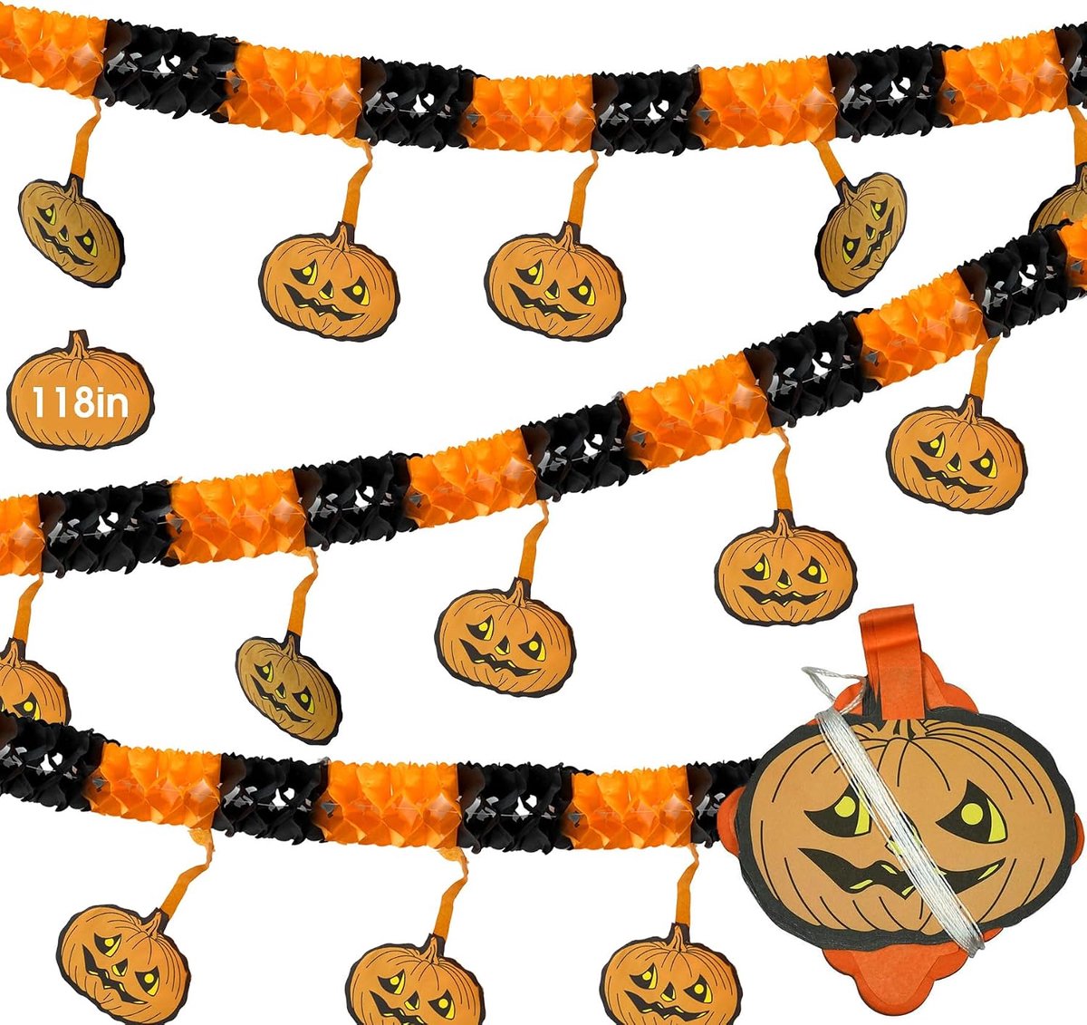 3 meter lange papieren Halloween-pompoenkrans - Vlag met banner - Geschikt voor binnen- en buitengebruik - Bar- en feestdecoratie
