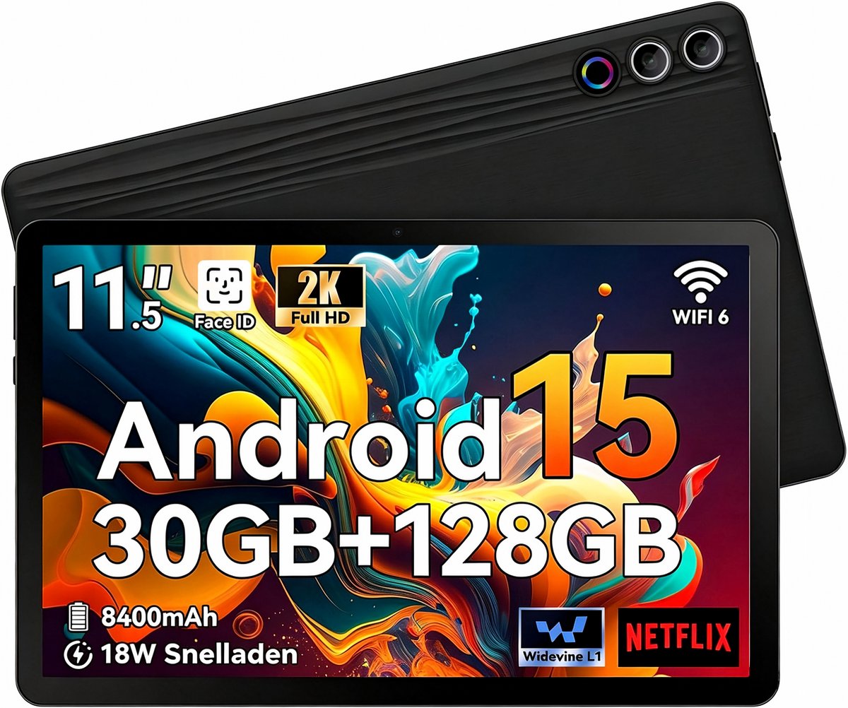 11.5 inch Tablet - 2K Schermo Ultra - Android 15 Tablets - 30GB RAM - 128GB ROM - 8400mAh - WiFi 6 - Zwart