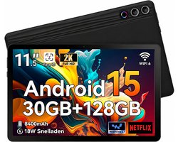 11.5 inch Tablet - 2K Schermo Ultra - Android 15 Tablets - 30GB RAM - 128GB ROM - 8400mAh - WiFi 6 - Zwart