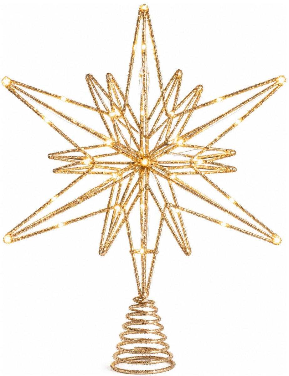 Verlichte kerstboompiek ster - champagne goud - 33 cm - 20 LED lampjes - warm wit licht – foto 3