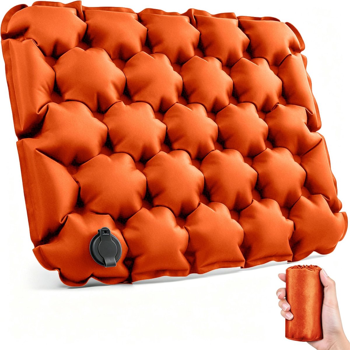 Ultralichte Opblaasbare - Opblaasbaar Zitkussen voor Reizen -Opblaafbaar Zitkussen met Rondjespatroon – Lichtgewicht Luchtkussen voor Reizen, Vliegtuig, Stadion, Camping, Wandelen en Kantoor – 42 x 34 cm – Oranje