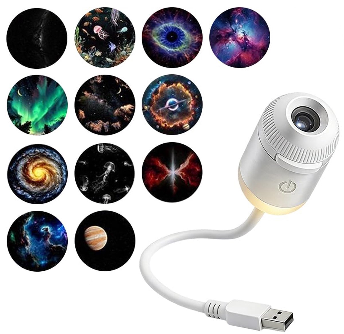 2-in-1 Sterrenhemel Projector & Nachtlamp - USB Mini Galaxy Projector - Met 12 Schijfjes & 360° Buigbare Hals - Sfeerlamp voor Slaapkamer & Auto - Wit