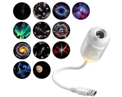 2-in-1 Sterrenhemel Projector & Nachtlamp - USB Mini Galaxy Projector - Met 12 Schijfjes & 360° Buigbare Hals - Sfeerlamp voor Slaapkamer & Auto - Wit