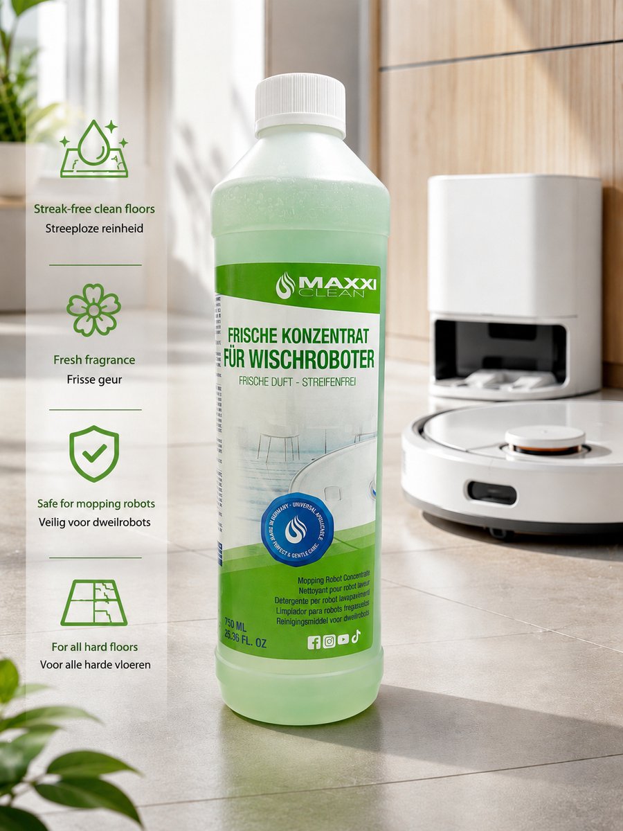Maxxi Clean Vloerreiniger Dweilrobot 750 ml – Reinigingsconcentraat 1:20 – Streeploos & Schuimarm – Frisse Geur – Voor Robotstofzuiger met Dweilfunctie – Parket, Laminaat, Tegels, Vinyl & Steen