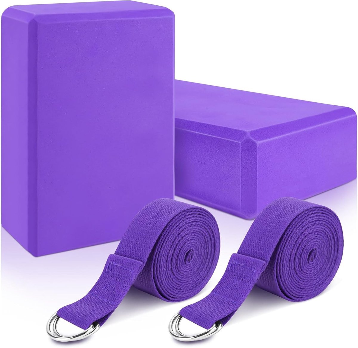 Yoga Blokken Set van 2 met Straps, Paarse Blokken van Hoogwaardige EVA Schuim, Antislip voor Pilates en Stretching, Verbeter Flexibiliteit en Stabiliteit