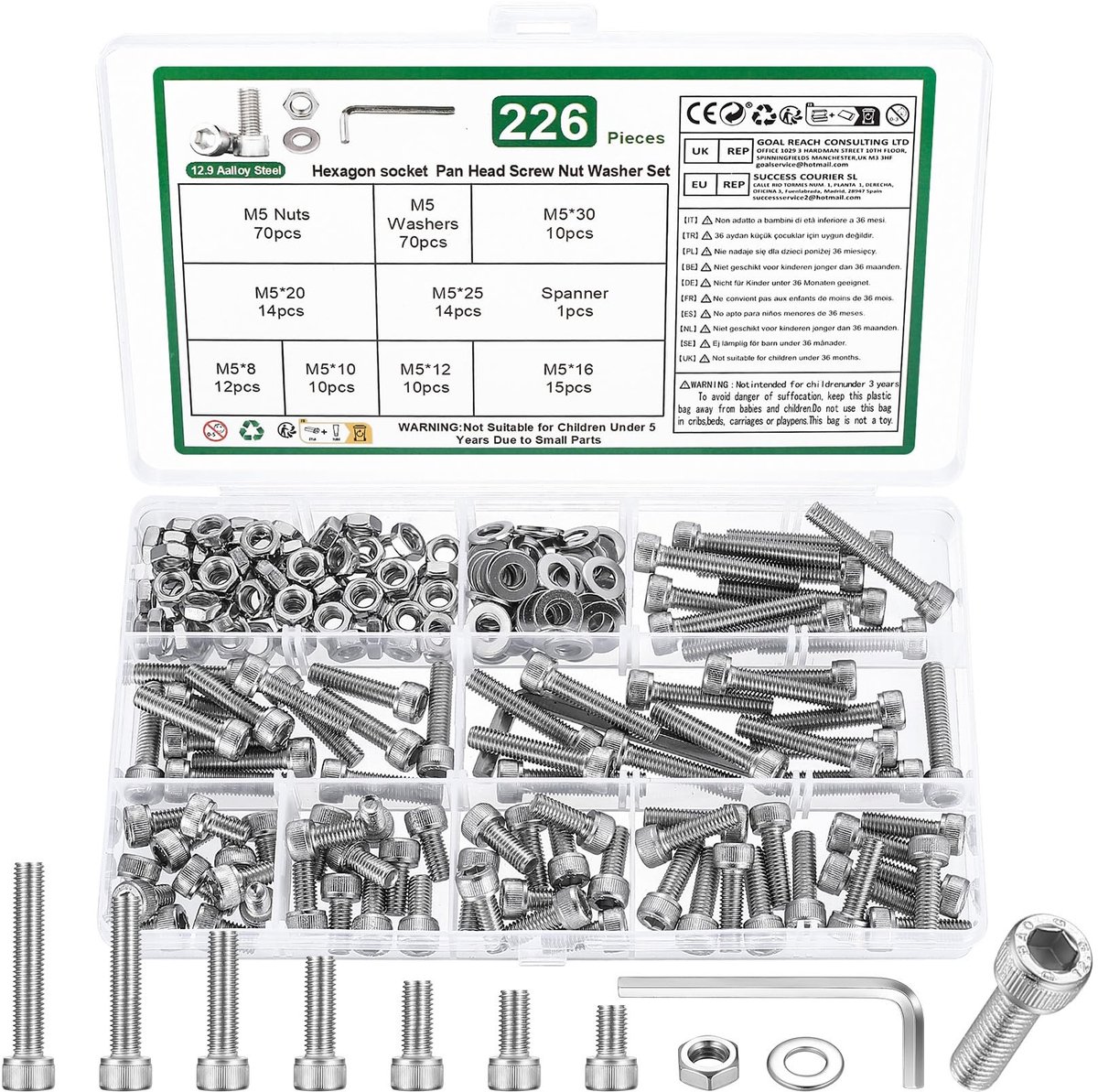 Omgoods - 226-delige M5 Schroeven Set met Moeren en Ringen