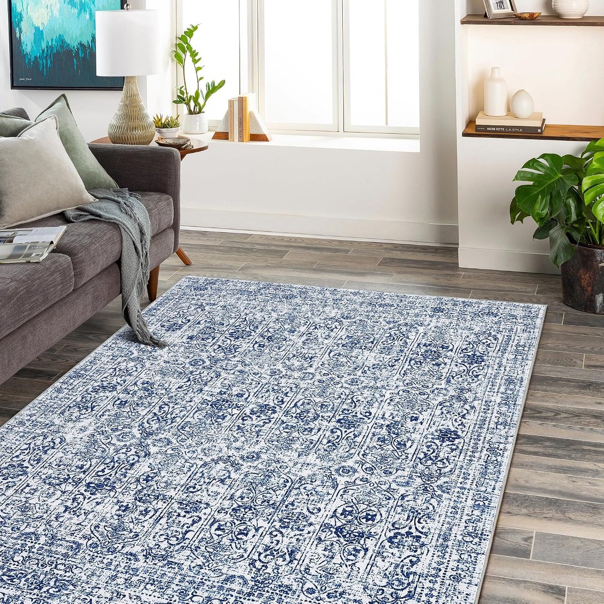 Oosters Vintage Vloerkleed - Wasbaar Antislip Kortpolig Bloemmotief - Blauw - 120x170 cm