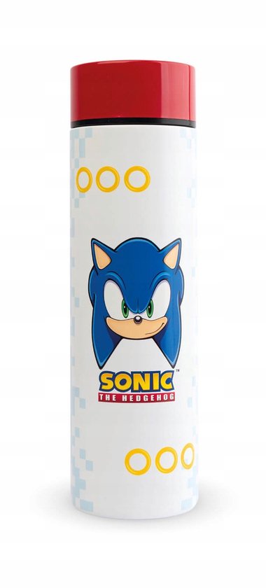 Witte fles met Sonic the Hedgehog hoofd en gouden ringen.