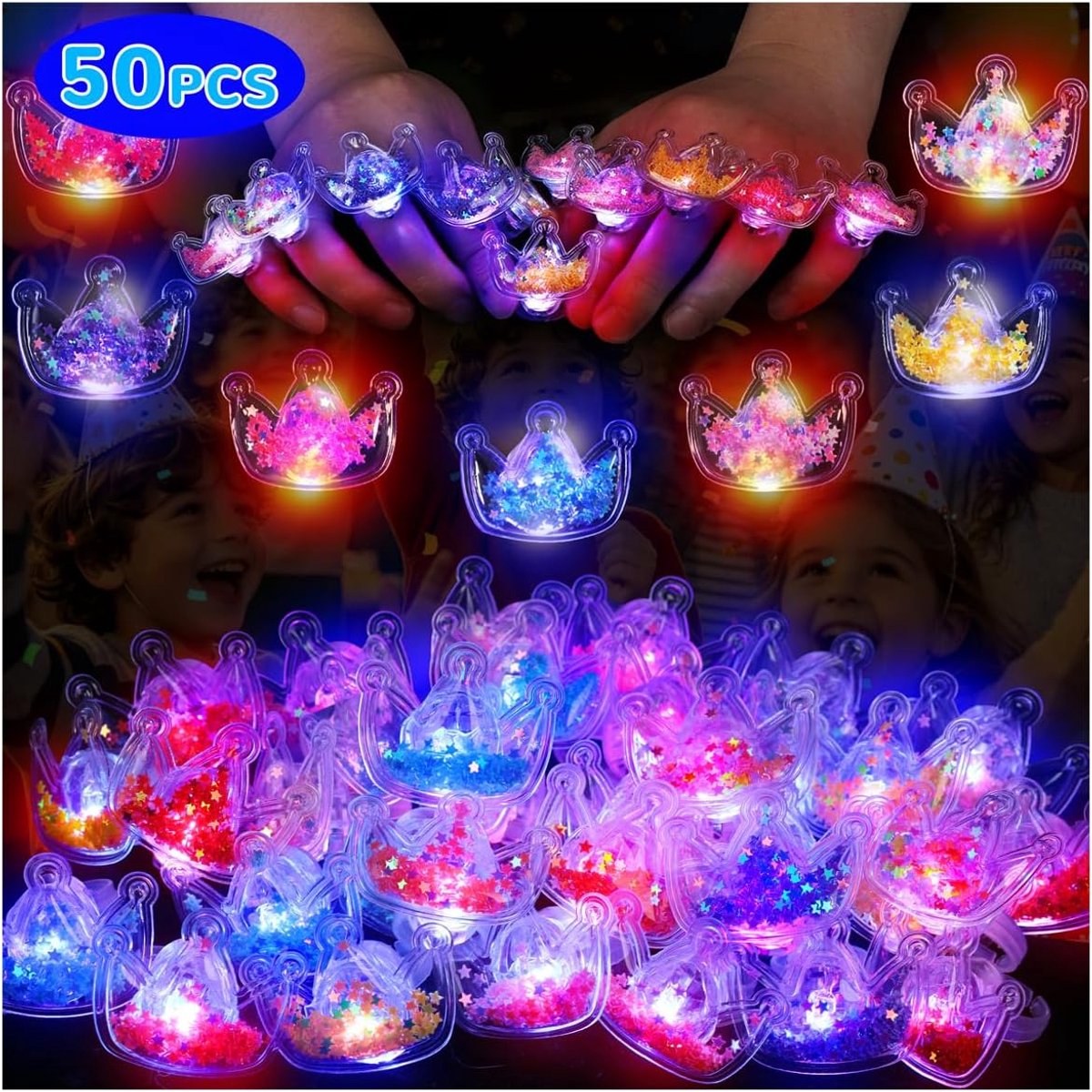 Ringen met kroon voor kinderen, rood en blauw knipperende glow in the dark ringen met kleurrijke sterren pailletten, prinsessenfeesttasvullers, schatkistprijzen voor