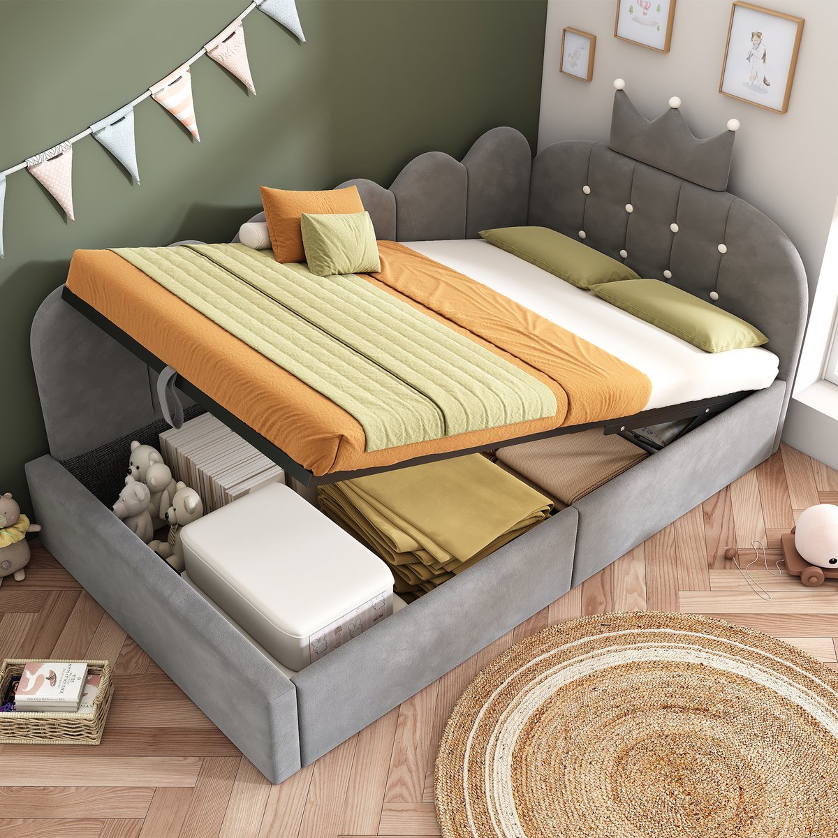 Bedbank - 90x190 Cm - Bed - Met Lattenbodem - Met Opbergruimte - Grijs - Zonder Matras