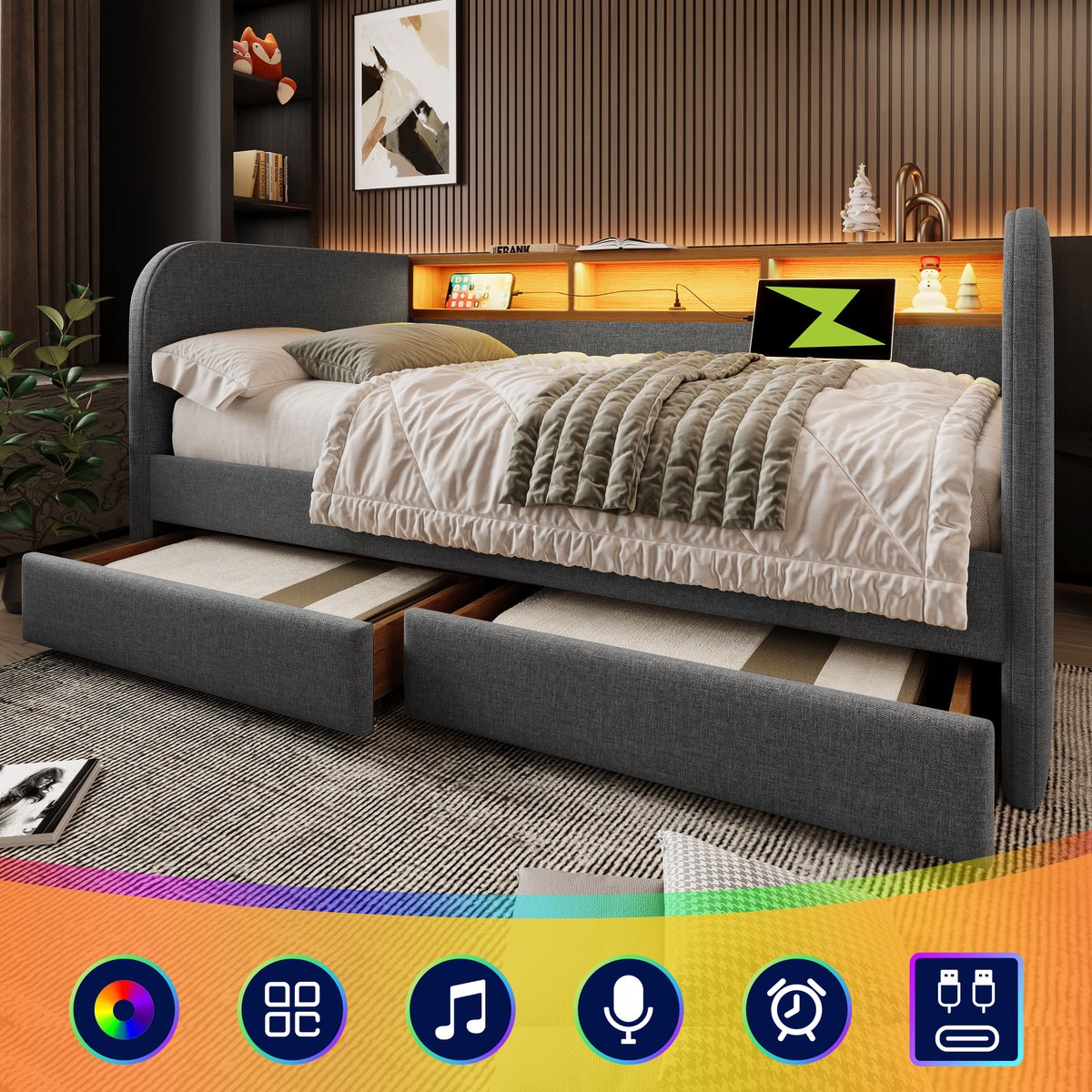 Bedbank - 140x190 Cm - Bed - Met Opbergruimte - LED - USB C - Grijs - Zonder Matras