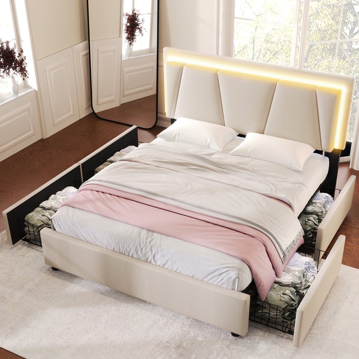 Bedframe - 160x200 Cm - Bed - Met Lattenbodem - Met Opbergruimte - LED - Beige - Zonder Matras