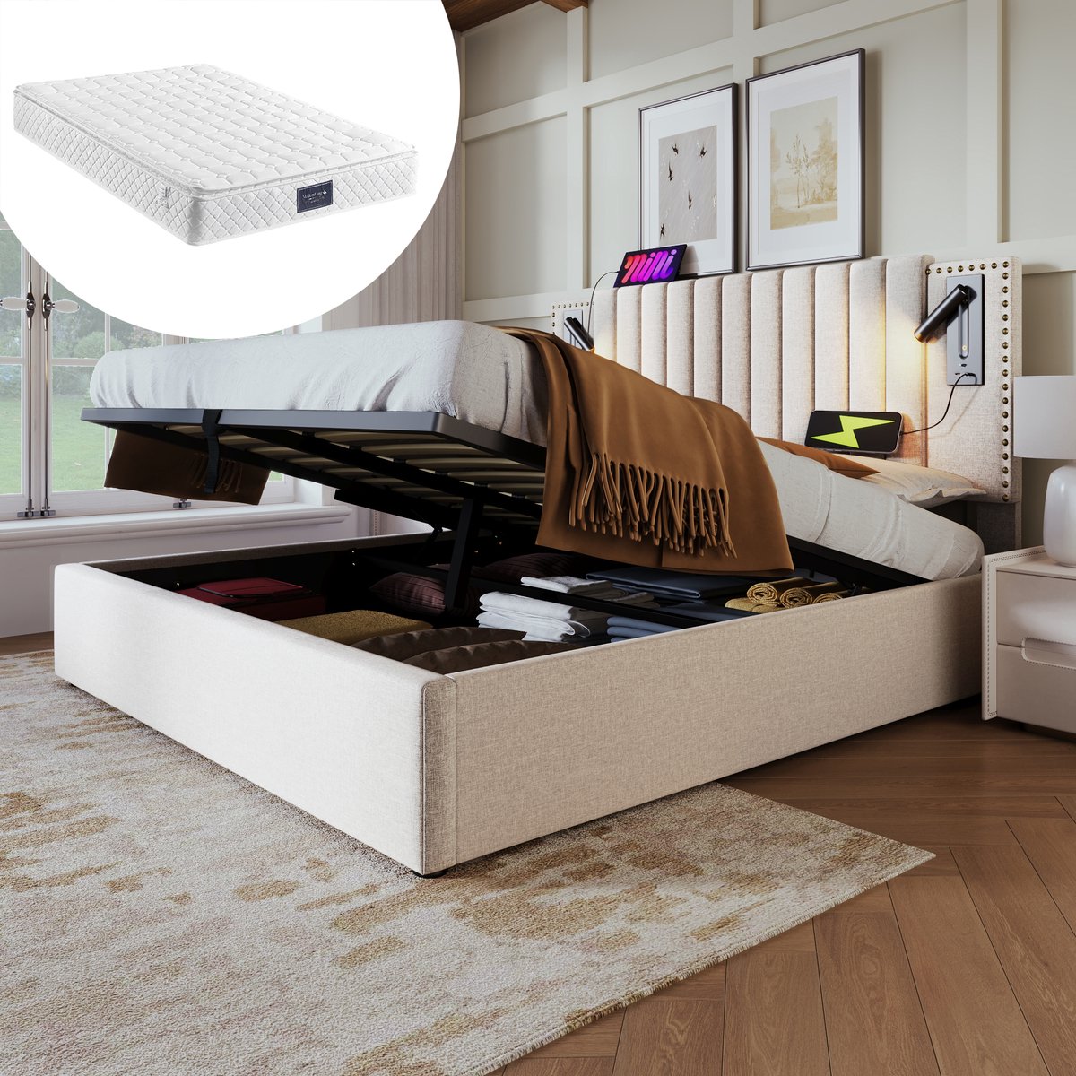 Bedframe - 140x200 Cm - Bed - Met Lattenbodem - Met Opbergruimte - USB C - Beige - Met Matras