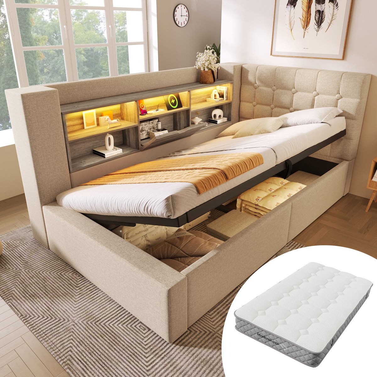 Bedframe - 90x200 Cm - Bed - Met Lattenbodem - Met Opbergruimte - LED - USB C - Beige - Met Matras