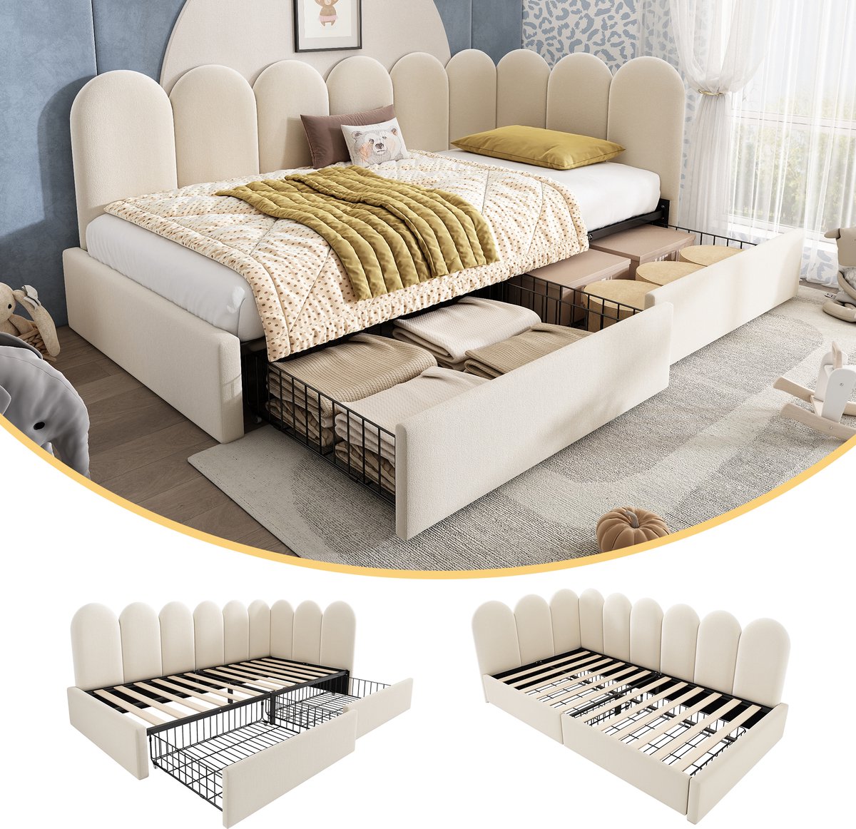 Bedbank - 90x190 Cm - Bed - Met Lattenbodem - Met Opbergruimte - Beige - Zonder Matras