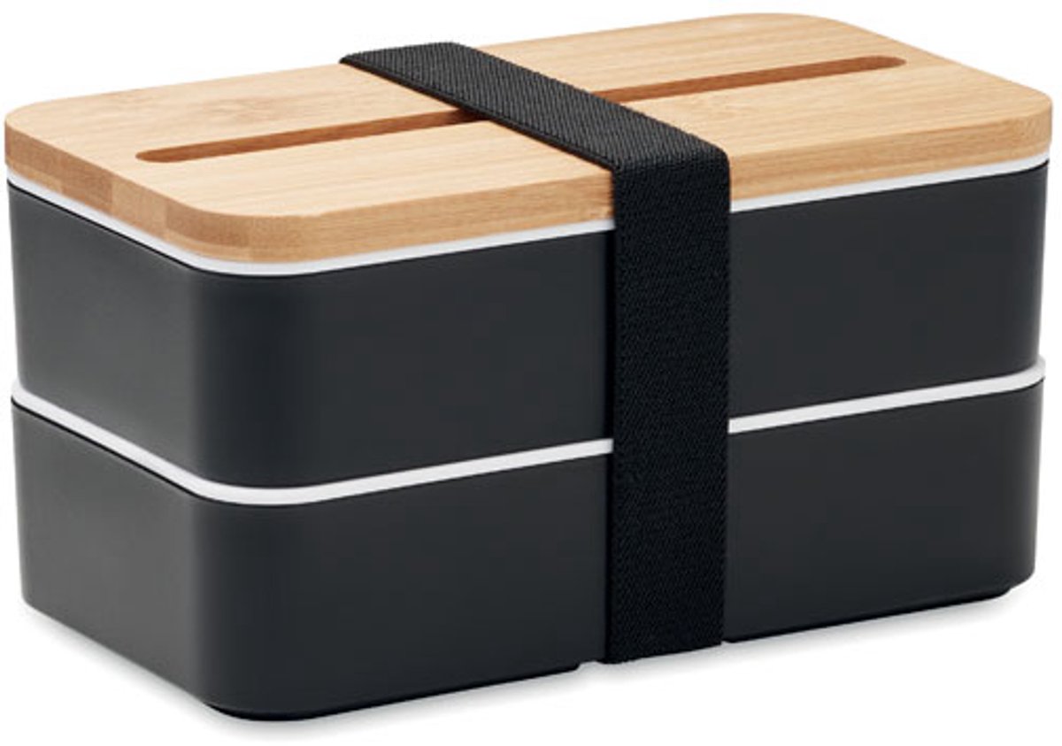 Gerecycled PP lunchbox met twee compartimenten en verwijderbaar tussenschot. Zwart