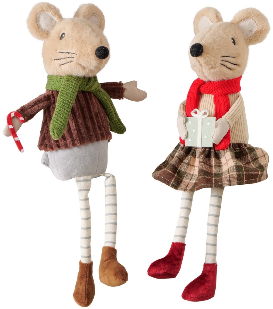 Boltze - Kerstfiguur - Zittende Muizen - Set van 2 - Bungelbenen - Kerstdecoratie - Mausi - 38x10x12cm