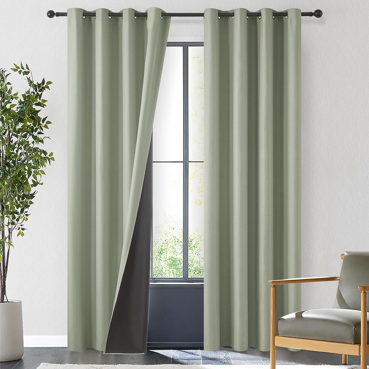 100% Gordijn, ondoorzichtig met inslagringen, saliegroen voor woonkamer, slaapkamer, kinderkamer, gordijnen en sjaals, 2-delig, gordijn voor binnendeur 200 cm lang, verduisterende gordijnen