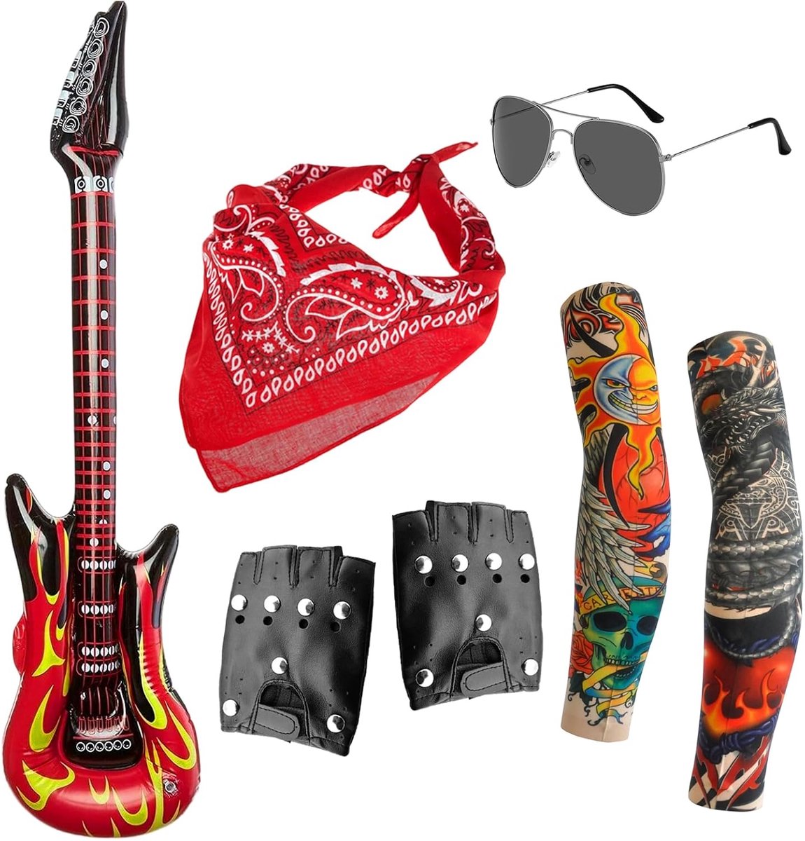 7-delige Rock Star kostuumset, punk rockstar accessoires met opblaasbare gitaar, zonnebril, bandana, tattoo-mouwen en handschoenen, voor mannen en vrouwen, cosplay-feest