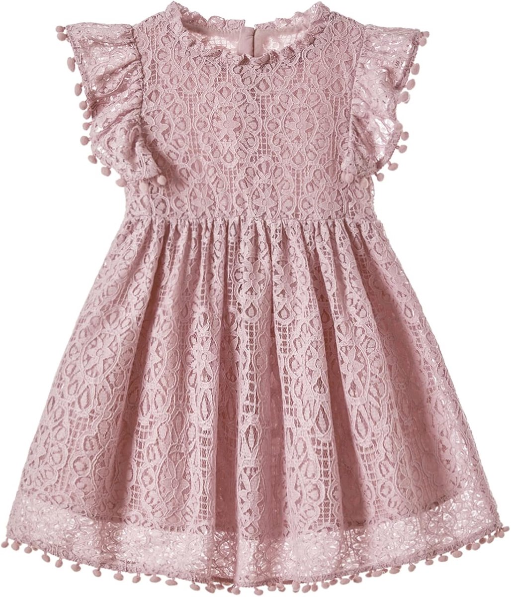 Prinsessenjurk voor kleine kinderen, vintage, pompon, platte mouwen, feestjurk