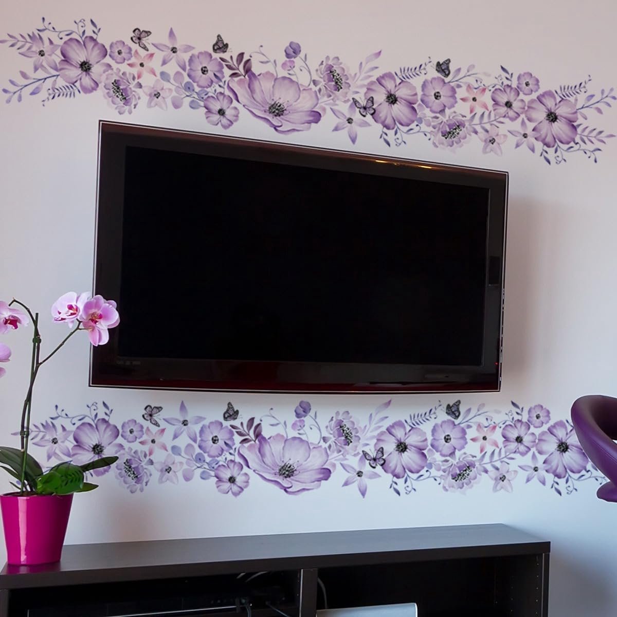 Muursticker 2x Paarse Bloemen Wijnstok Woonkamer Vlinders Muursticker Slaapkamer Muursticker Kinderkamer Keuken Kantoor Wanddecoratie (Paarse Bloemen)