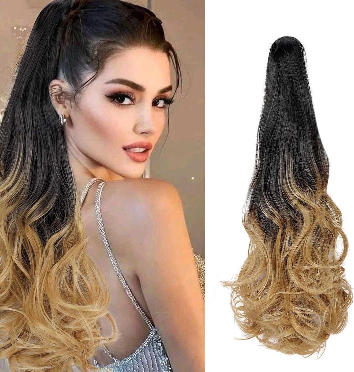 Clip in Paardenstaart Extensions Vlecht Haardeel 45cm Klauw Paardenstaart Haarverlenging zoals echt haar Golvend Krullend Kunsthaar Lang Haar, Natuurlijk Zwart Ombre Donkerblond