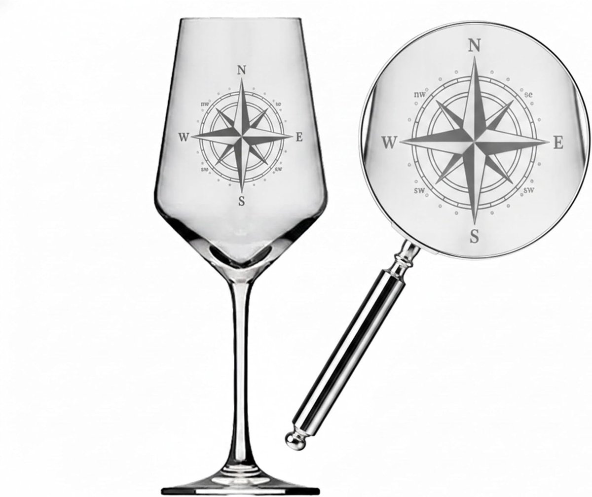 Wijnglas con grabado vaatwasmachinebestendig voor nautiekliefhebbers | Gebruik, vaatwasserbestendig, 350 ml capaciteit, kompasgraveerwerk, geschikt voor verschillende dranken, in het Duits