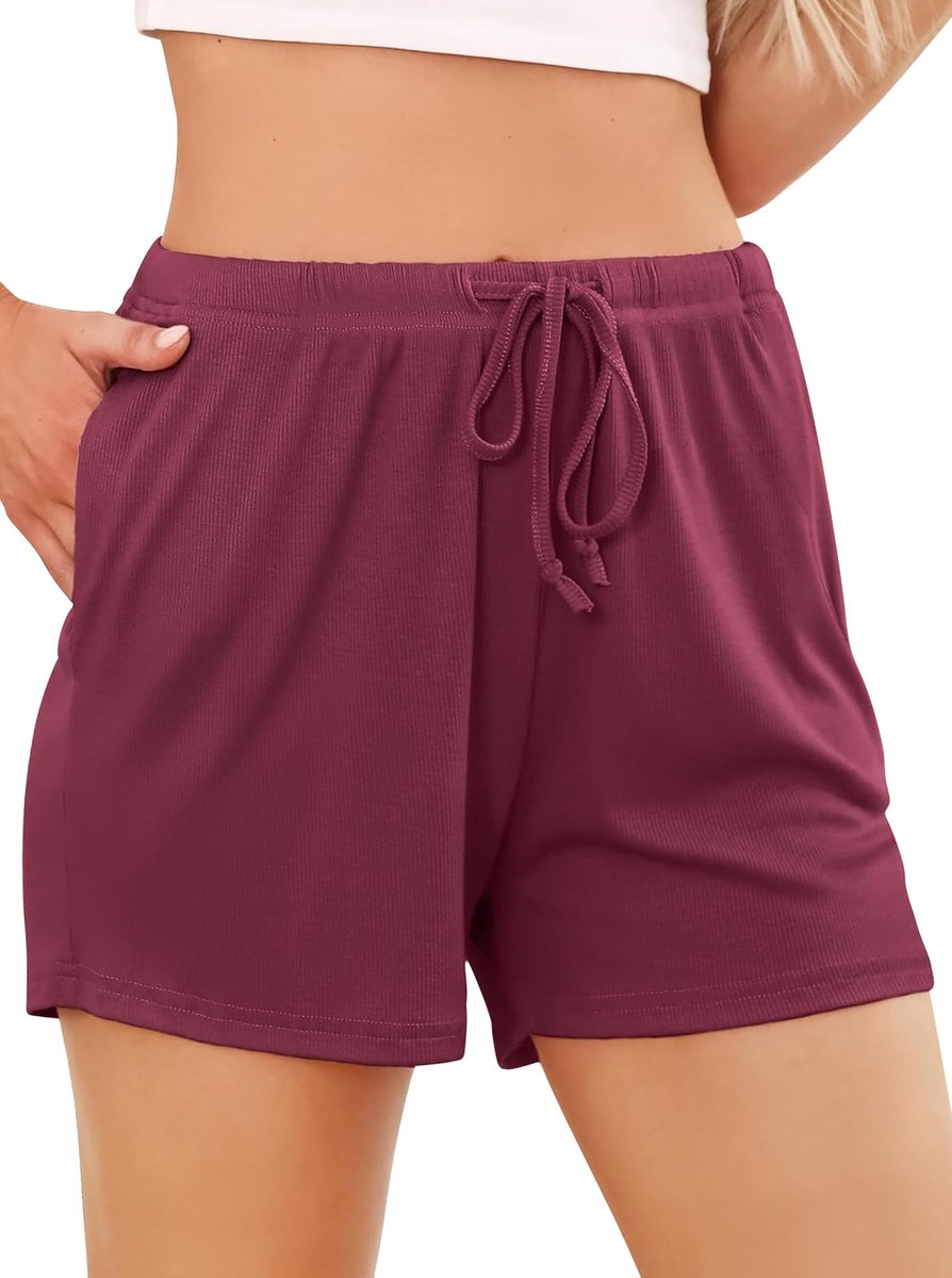 Damespyjamabroek, superzachte loungeshorts, stretch gebreide pyjamabroek met zakken en trekkoord, S-XXL