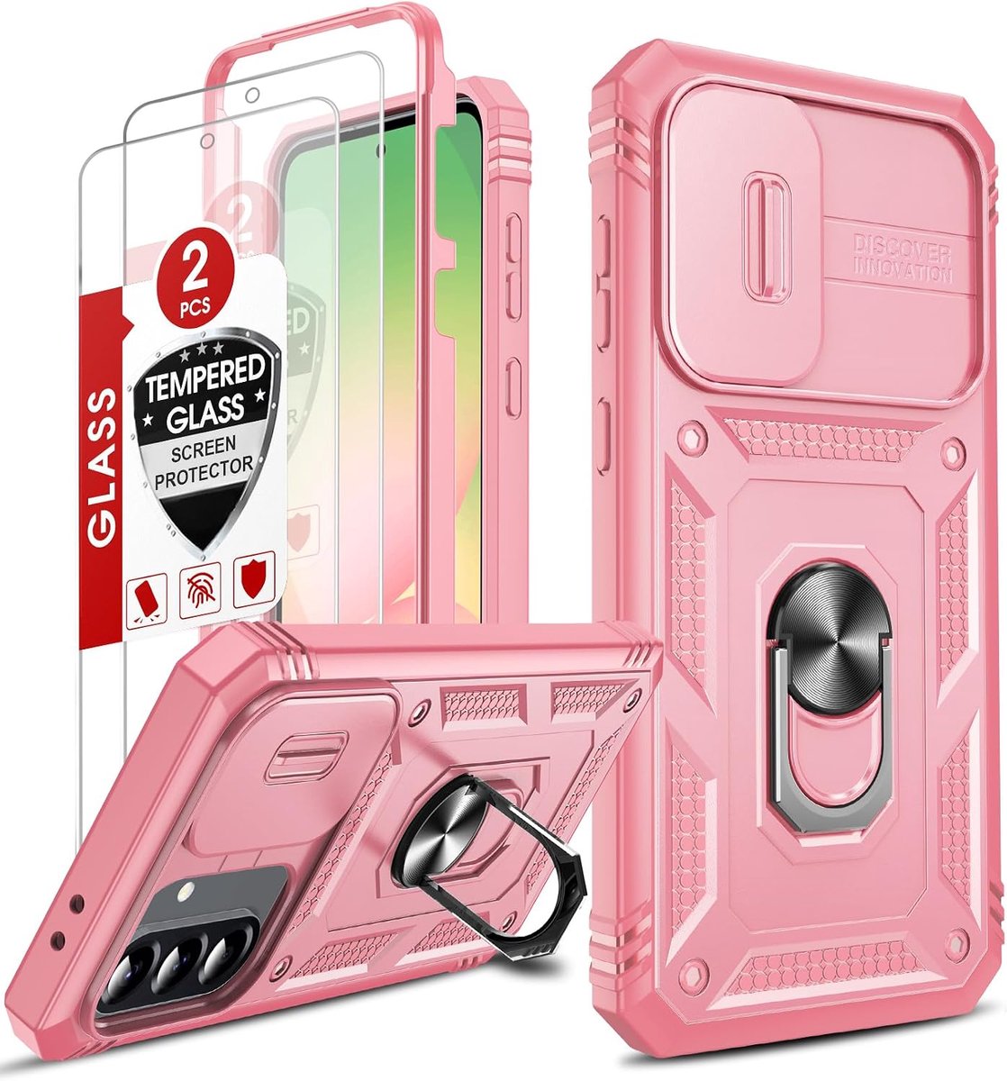 Hoesje voor Samsung A 56 met 2 gehard glasfolie, Samsung Galaxy A56 hoes met camerabescherming [Slidable] Schokbestendige ring 560° TPU-houder bumper, roze