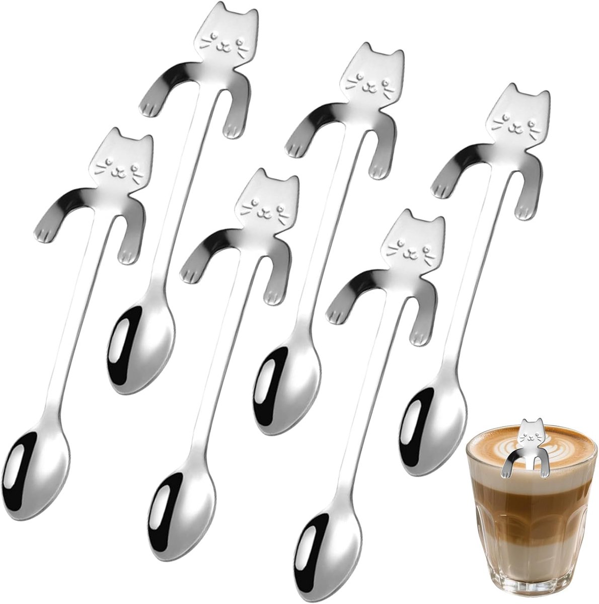 6 stuks kattenlepels, 304 roestvrij stalen lepels, koffielepels, dessertvorken, kleine vorken, taartvorken, bowle-vorken, cocktailvorken, perfect voor de middagthee van een dessertwinkelfeest (zilver)