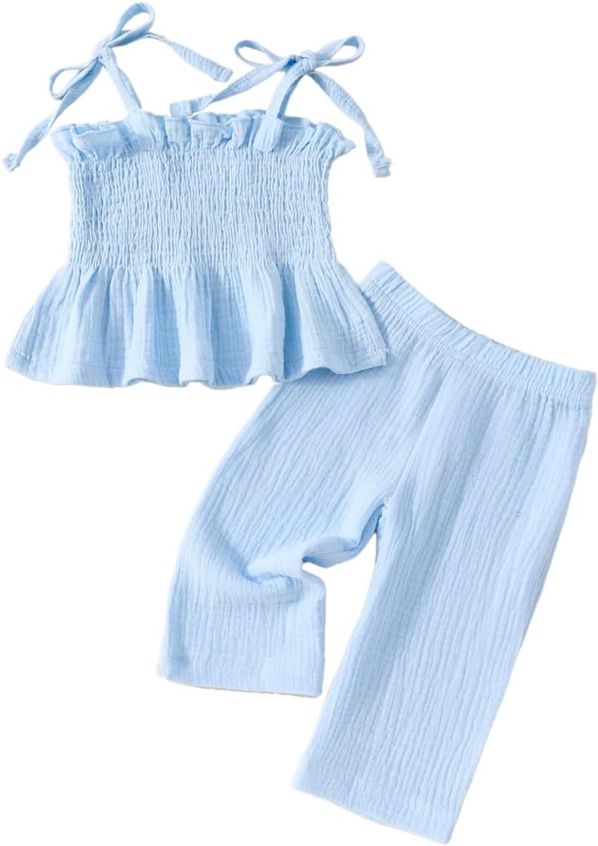 Set voor kleine meisjes, broek met ruches, tanktop en brede broek | Mouwen met ruches, mouwloos, broek, van katoen en linnen, zomer, lente, herfst, kinderkleding, 2 stuks dagelijkse outfits