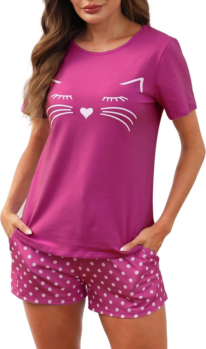Pyjama's Dames Korte Katoenen Nachtkleding met Korte Mouwen Tweedelige Zomer Set met T-Shirt en Pyjamabroek Loungewear