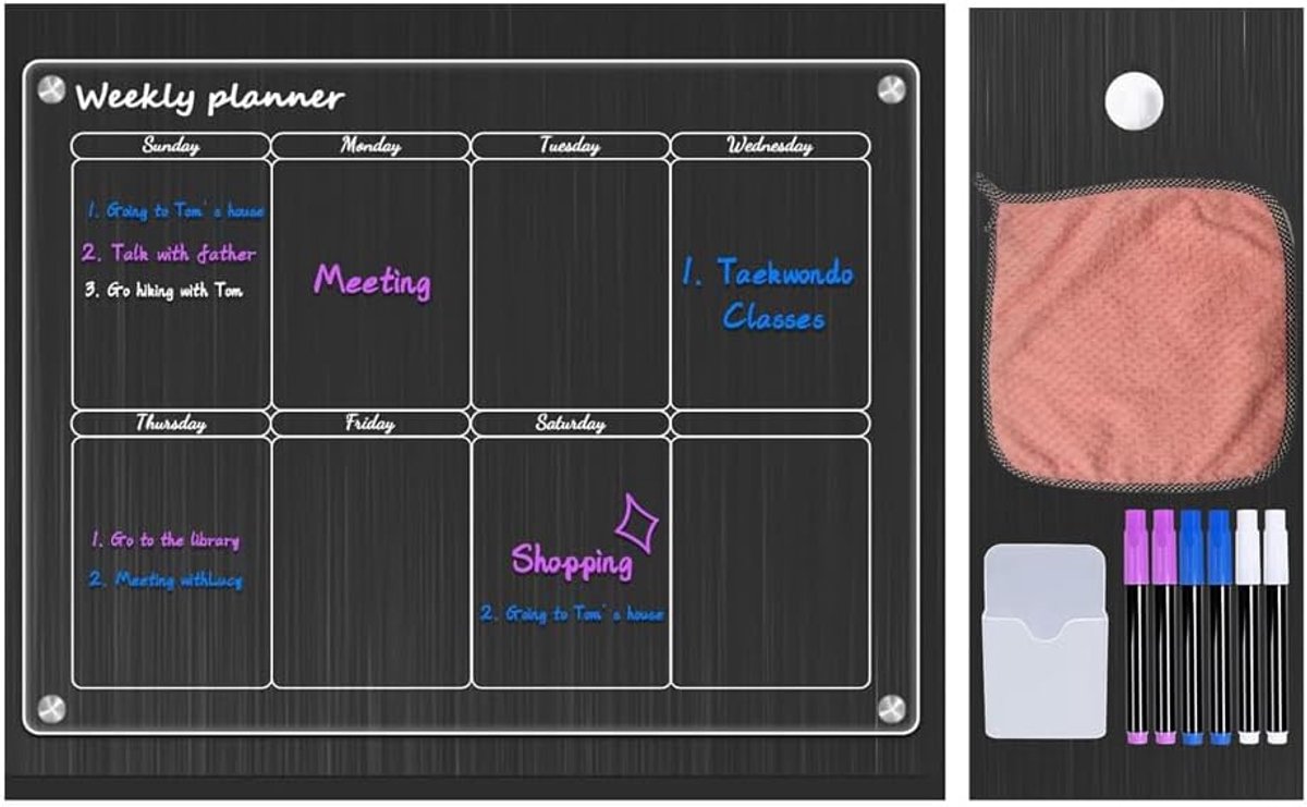 Acryl weekkalender voor de koelkast, helder, uitwisbaar planningsbord voor maaltijdplanning en dagelijkse organisatie