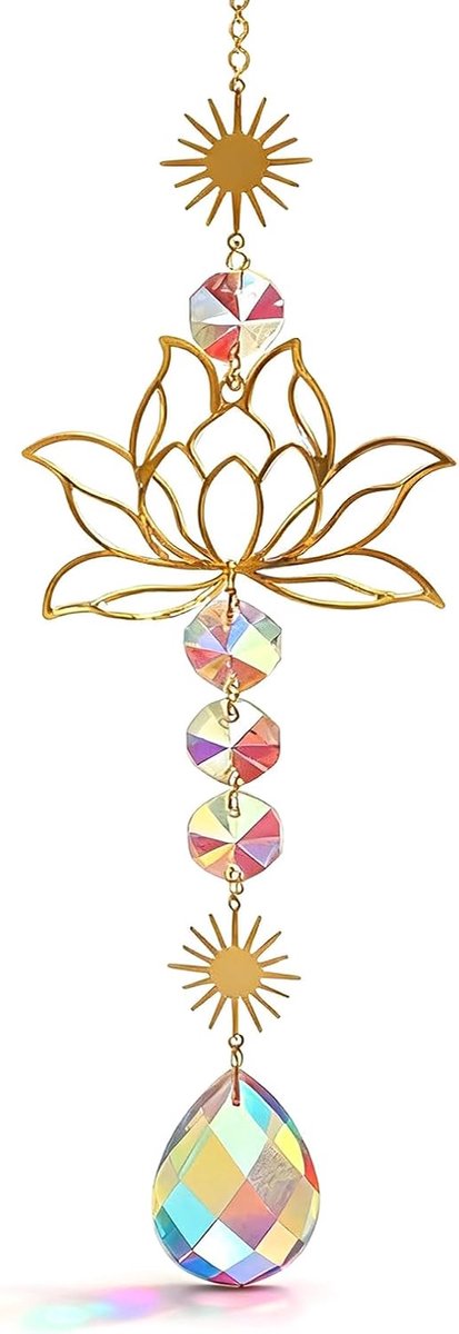 Windgong met zonnekristallen, zonnevanger, hangende decoratie voor binnen en buiten, 41 cm lengte, lotusdesign van messing en kristal, regenboogreflexen