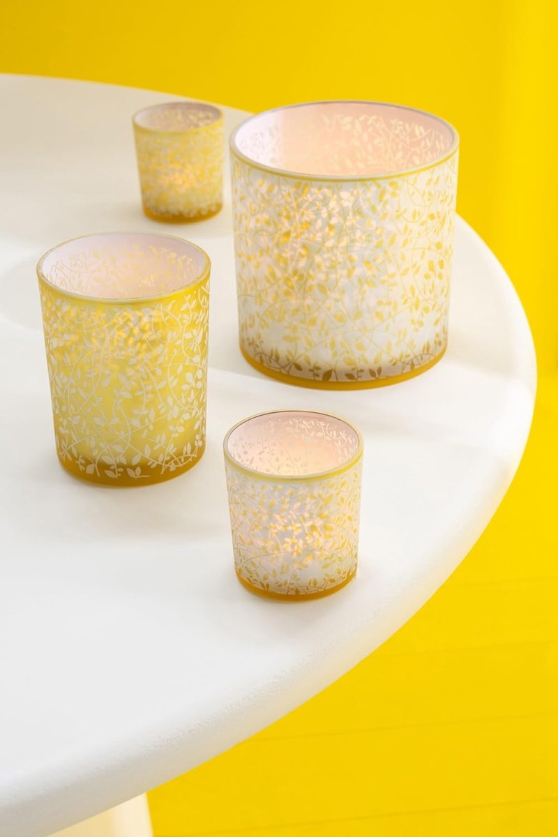 Windlicht bladeren - glas - goud/wit - groot - set van 2