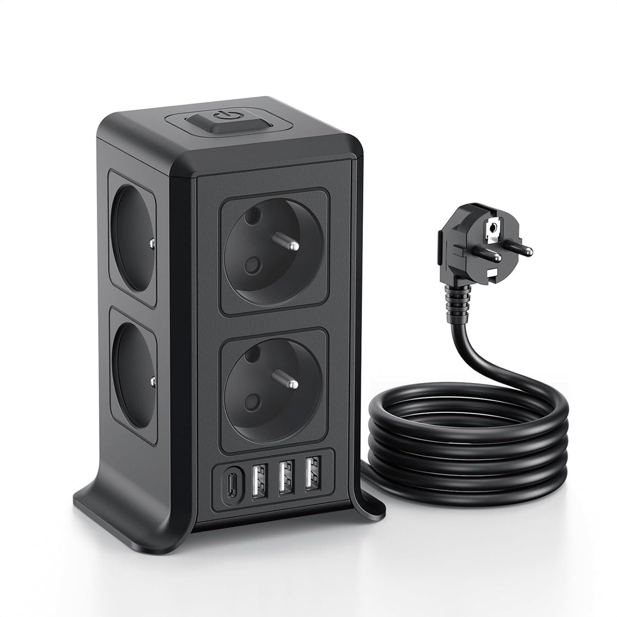 Stekkerdoos met schakelaar, overspanningsbeveiliging en overspanning met 8 Franse AC-uitgangen en 4 USB-poorten, voor kantoor, woonkamer, slaapkamer