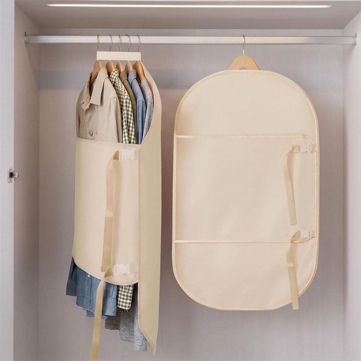Hangende kledingorganizer met compressiefunctie – Ruimtebesparende opbergoplossing van satijn voor in de kledingkast, geschikt voor 30 dunne kledingstukken(set van 2, beige)