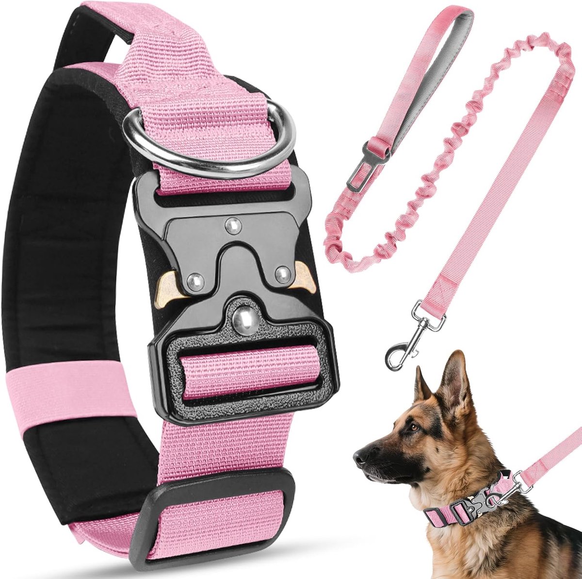 Hondenhalsband met riem, verstelbaar nylon hondenhalsband, duurzaam, zacht en comfortabel hondenhalsband voor kleine, middelgrote en grote honden, jacht, training, outdoor (roze, XL)