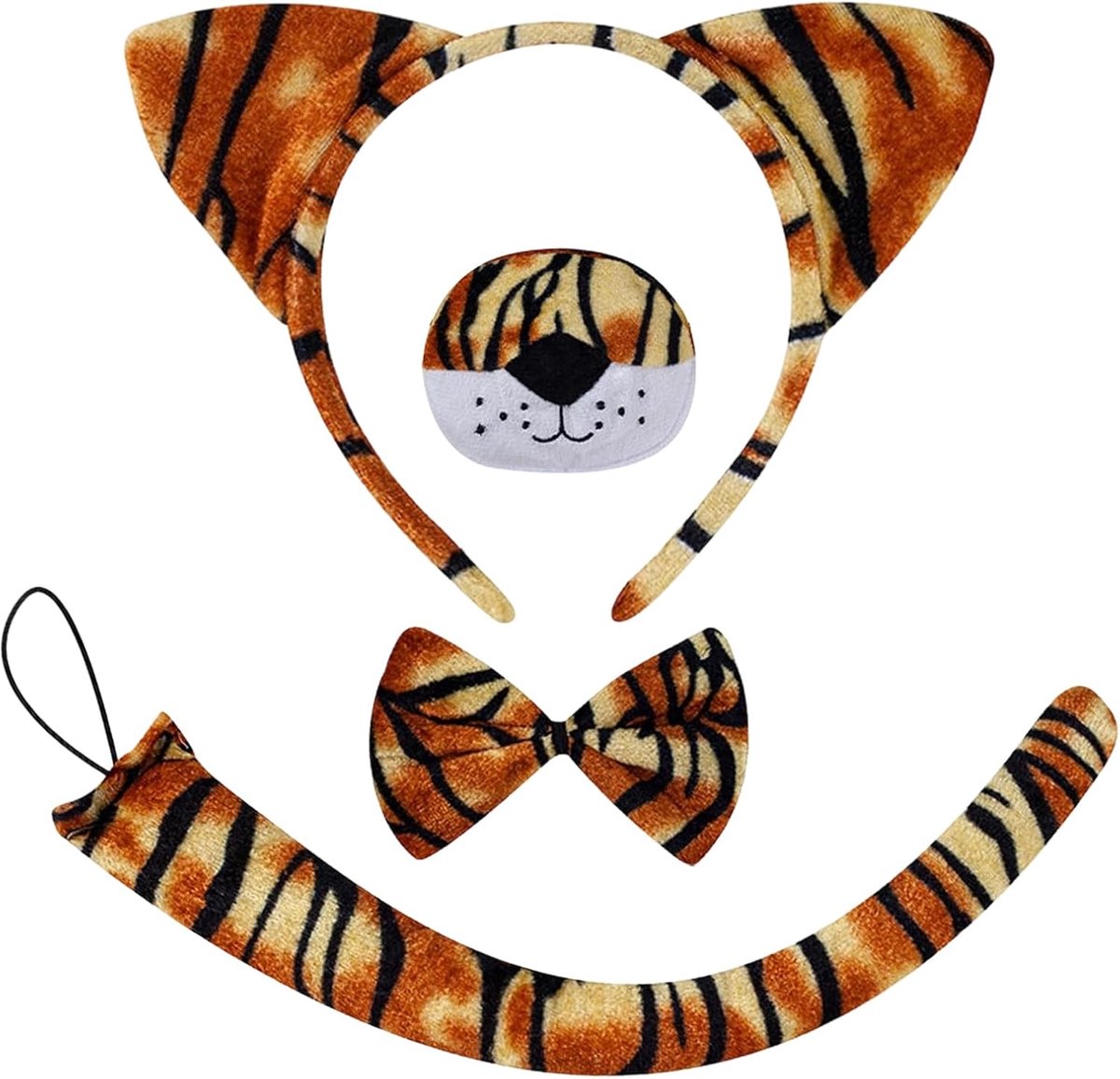 4-delige bruine tijgerkostuumset, stoffen dieren verkleedaccessoires met oren, staart, neus en vlinderdas, outfits voor carnaval, wereldboekendag, Halloween cosplay