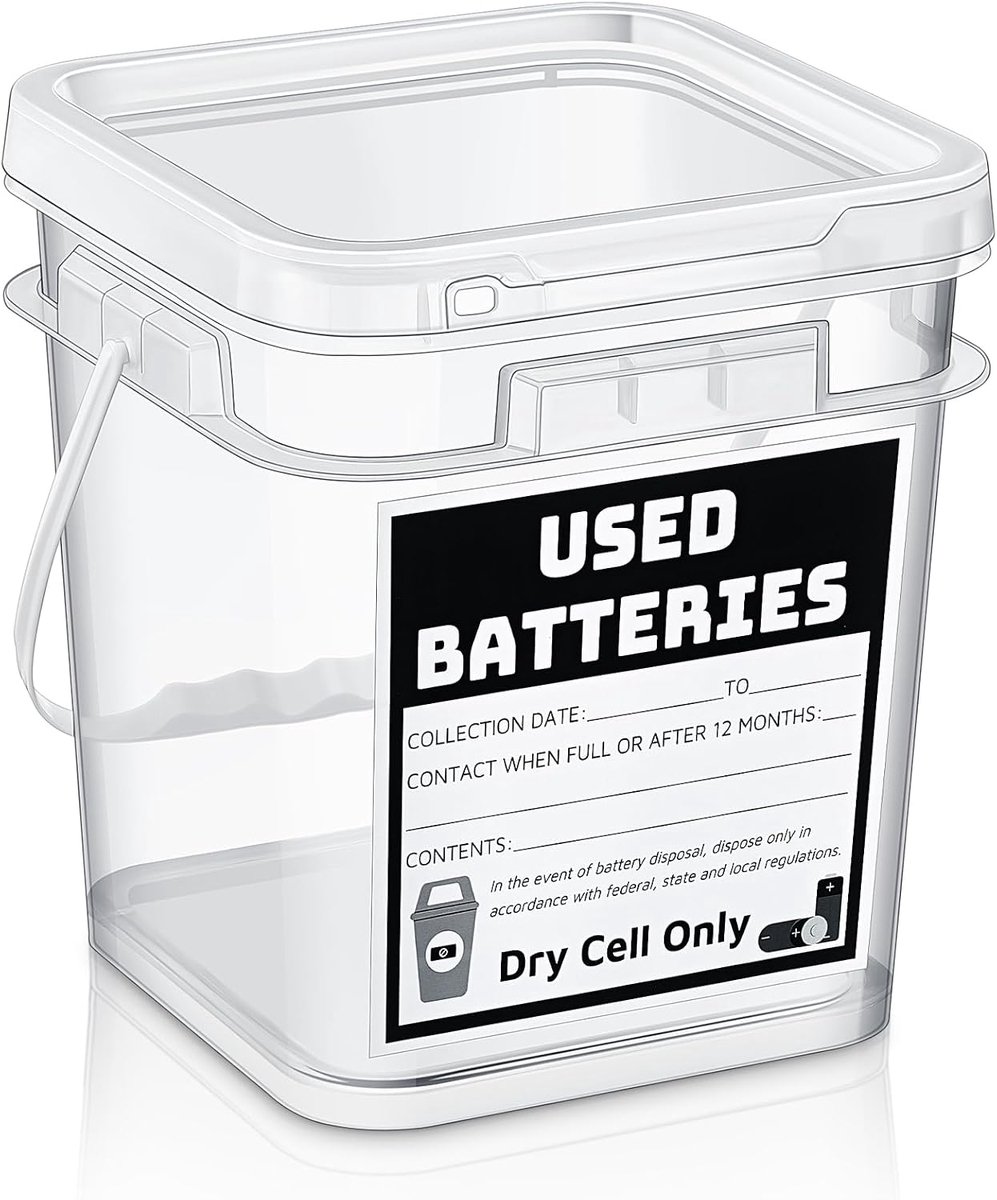 Batterij Verwijdering Container Batterij Recycling Container 1,32 Gallons Capaciteit Droge cel Opslag Recycling Bin met Label (Vierkant)