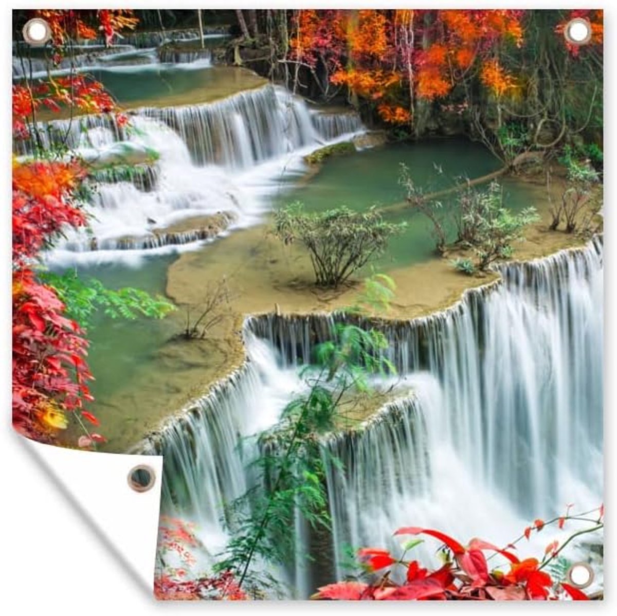 Tuinposter - 200x200 cm - Bomen - Waterval - Herfst - Natuur