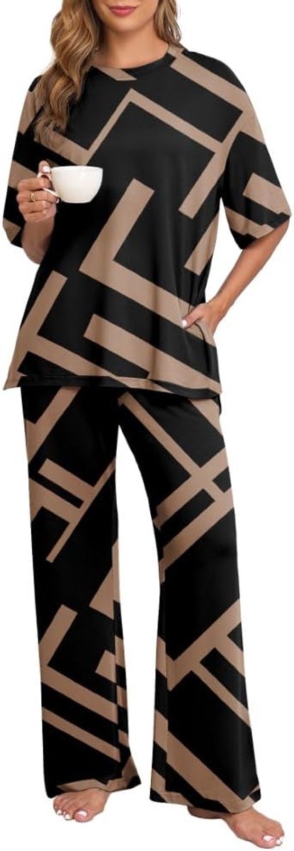Pyjama dames pyjama set ronde hals loungewear korte mouwen nachtkleding lange pyjamabroek