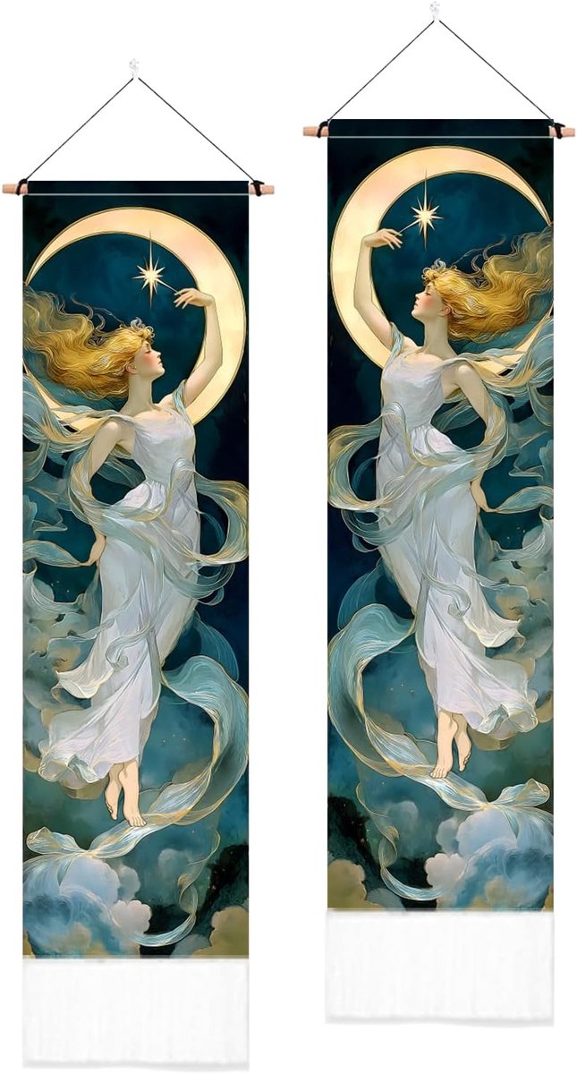 2 Pack Moon Godness verticaal tapijt, Mucha Art Nouveau lang wandtapijt esthetische muur opknoping met kwastjes voor slaapkamer woonkamer badkamer home art decor, 130 x 33 cm