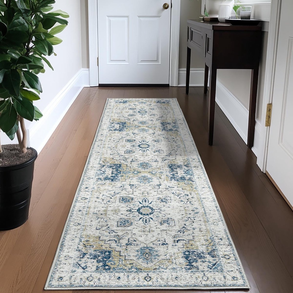 Loper voor in de gang, wasbaar, superdun vintage bloementapijt, laagpolig, Oosterse bloemen, keukentapijt, lange tapijtloper, 60 x 210 cm, lichtblauw, voor slaapkamer, woonkamer, eetkamer,