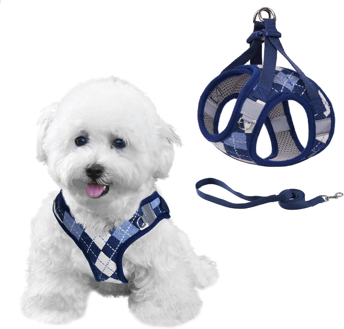 Hondenharnas voor kleine honden anti-trek puppyharnas verstelbaar reflecterende plaid gemakkelijk te lopen lichtgewicht zachte mesh huisdiervest harnassen met riem voor puppy's